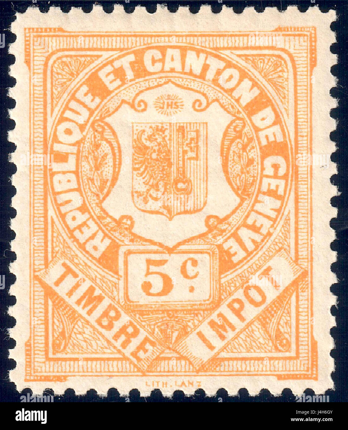 Dieser Titel bezieht sich auf einen spezifischen Steuerstempel aus Genf, Schweiz, der 1892 ausgestellt wurde und in diesem Zeitraum für Postdienste oder Steuerzwecke verwendet wurde. Stockfoto