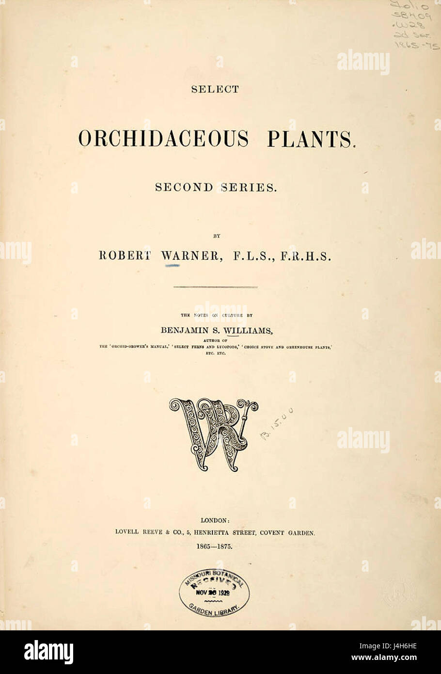 Dies ist die Titelseite der zweiten Reihe von „Select Orchideenpflanzen“, die detaillierte Abbildungen verschiedener Orchideenarten zeigt, die ihre botanischen Eigenschaften und Schönheit hervorheben. Stockfoto
