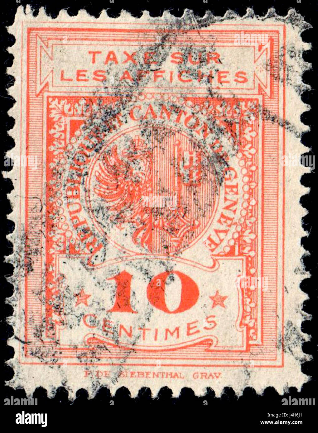 Diese Marke aus der Schweiz, ausgestellt 1932, trägt eine Stückelung von 0,10 Franken. Sie spiegelt das Postsystem des Landes und den historischen Kontext der Schweizer Einnahmemarken des frühen 20. Jahrhunderts wider. Stockfoto