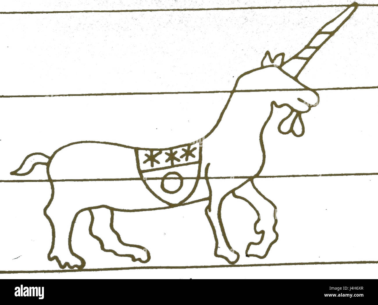 Eine Darstellung eines Einhorns, möglicherweise verwandt mit dem „Tartier licorne“, einer künstlerischen Darstellung oder einem Wappen, das diese mythische Kreatur darstellt und oft Reinheit oder Stärke symbolisiert. Stockfoto