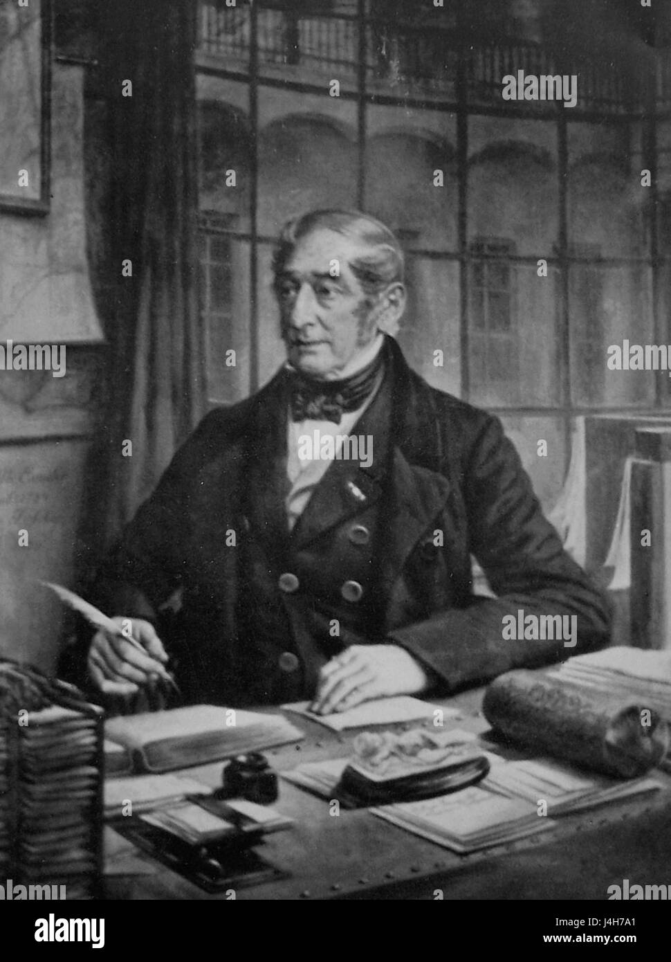 Schoppe Wilhelm Ermeler, 1859 entstanden, ist ein bemerkenswertes Gemälde, das den Stil und die Themen der europäischen Kunst der Mitte des 19. Jahrhunderts widerspiegelt. Das Stück veranschaulicht historische und kulturelle Perspektiven der Zeit. Stockfoto