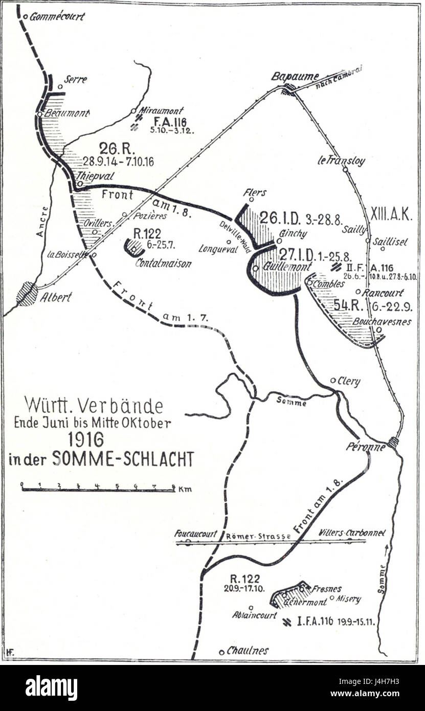 Die Schlacht an der Somme 1916 war eine der größten und blutigsten Schlachten des Ersten Weltkriegs, die hauptsächlich zwischen den britischen und französischen Truppen gegen das Deutsche Reich ausgetragen wurde. Es ist bekannt für seine massiven Verluste und erheblichen Auswirkungen auf den Verlauf des Krieges. Stockfoto