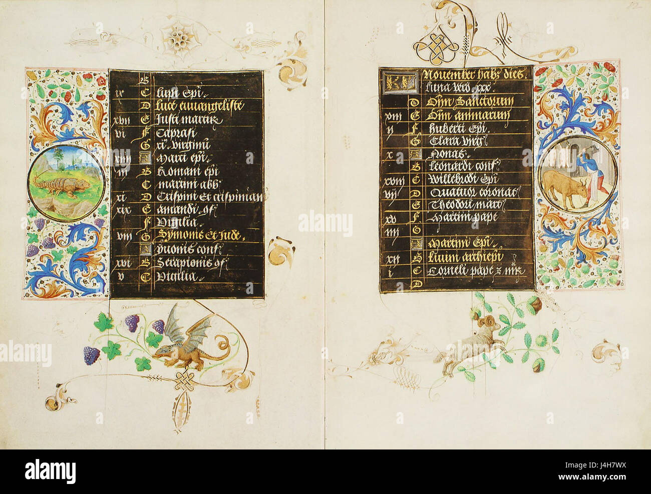 Seiten 11v und 12r aus dem Stundenbuch der Maria von Burgund, einer illustrierten Handschrift aus dem 15. Jahrhundert. Es enthält religiöse Texte und Gebete, die Maria von Burgund verwendet hat, eine bedeutende Figur in der europäischen Geschichte, oft mit künstlerischen Darstellungen. Stockfoto Seiten 11v und 12r aus dem Stundenbuch der Maria von Burgund, einer illustrierten Handschrift aus dem 15. Jahrhundert. Es enthält religiöse Texte und Gebete, die Maria von Burgund verwendet hat, eine bedeutende Figur in der europäischen Geschichte, oft mit künstlerischen Darstellungen. Stockfoto