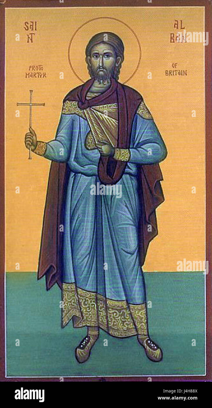 St. Alban gilt als der erste christliche Märtyrer Großbritanniens, bekannt für sein Opfer während der römischen Herrschaft. Er wurde wegen seines Glaubens hingerichtet und wurde zu einem Symbol für die Verbreitung des Christentums in Großbritannien und den Beginn der religiösen Verfolgung unter der Herrschaft des Römischen Reiches. Stockfoto