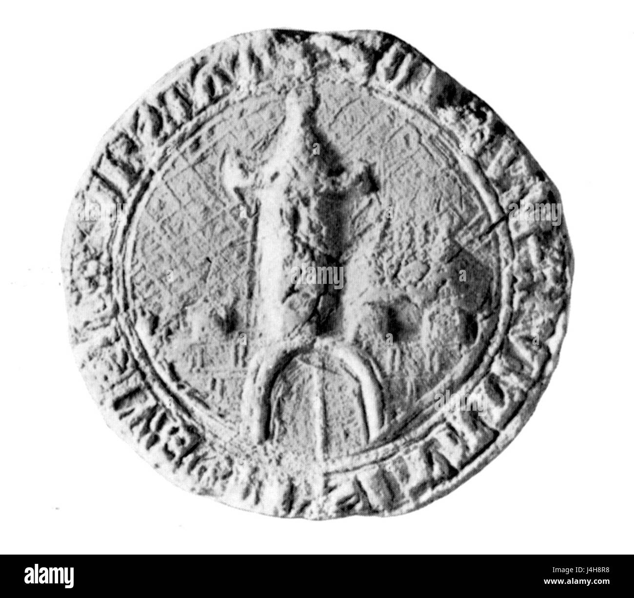 Das Stadtsiegel Burgkunstadt ist ein historisches Stadtsiegel aus dem Jahr 1350. Sie repräsentiert die Gemeindeidentität der Burgkunstadt, einer Stadt in Bayern, und dient als Symbol ihrer Rechts- und Verwaltungsgeschichte im Mittelalter. Stockfoto