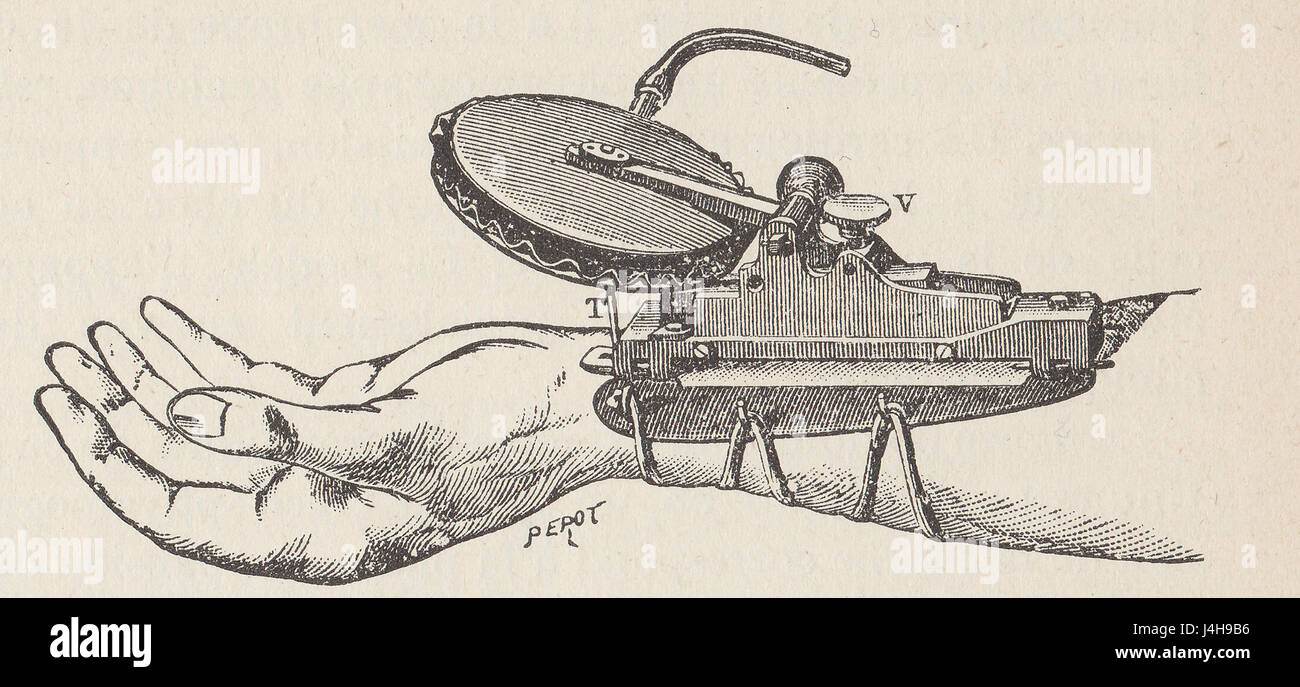 Das Sphygmomanometer van Marey, das vom französischen Arzt Pierre Marey entwickelt wurde, ist ein frühes Instrument zur Blutdruckmessung und trug wesentlich zur kardiovaskulären Gesundheit bei. Stockfoto