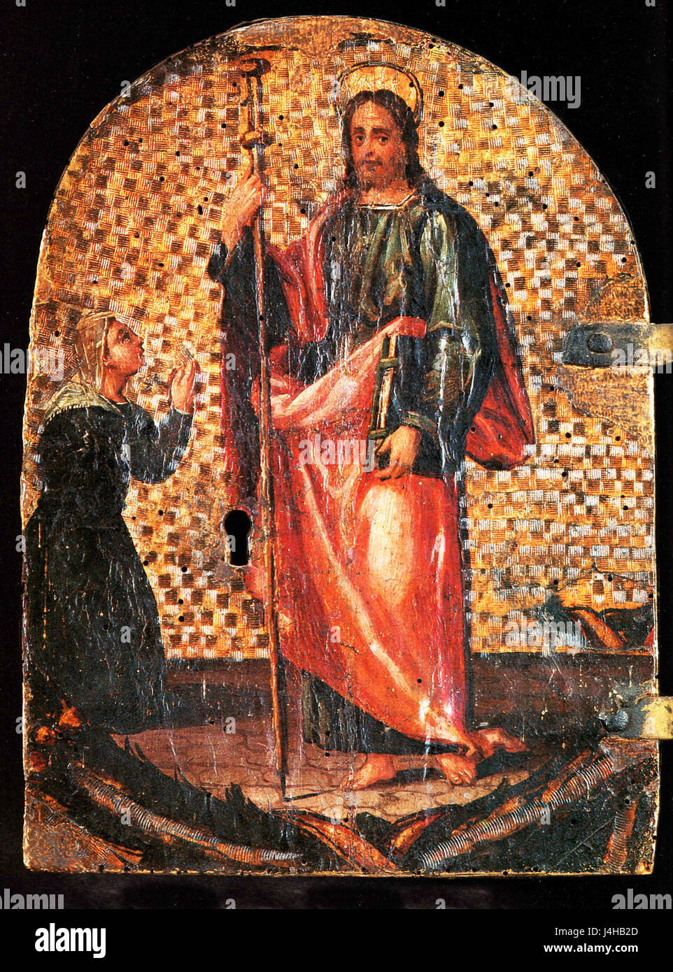 Dieses Kunstwerk mit dem Titel „S. Jacopo e commit“ zeigt den Heiligen Jakobus und einen Patron oder commissioner. Das Stück ist typisch für religiöse Kunst aus der Renaissance, zeigt religiöse Figuren und hebt die Beziehung zwischen dem heiligen und dem Stifter hervor. Stockfoto