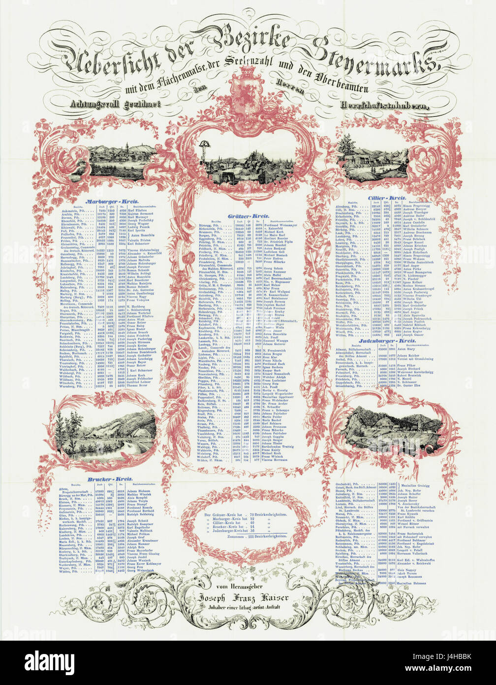 Dies bezieht sich auf eine historische Karte oder ein Dokument, die die Landkreise, Kreise und Herrschaften in der Steiermark aus dem Jahr 1840 umreißt. Sie bietet Einblicke in die regionale Governance und die Landteilung. Stockfoto