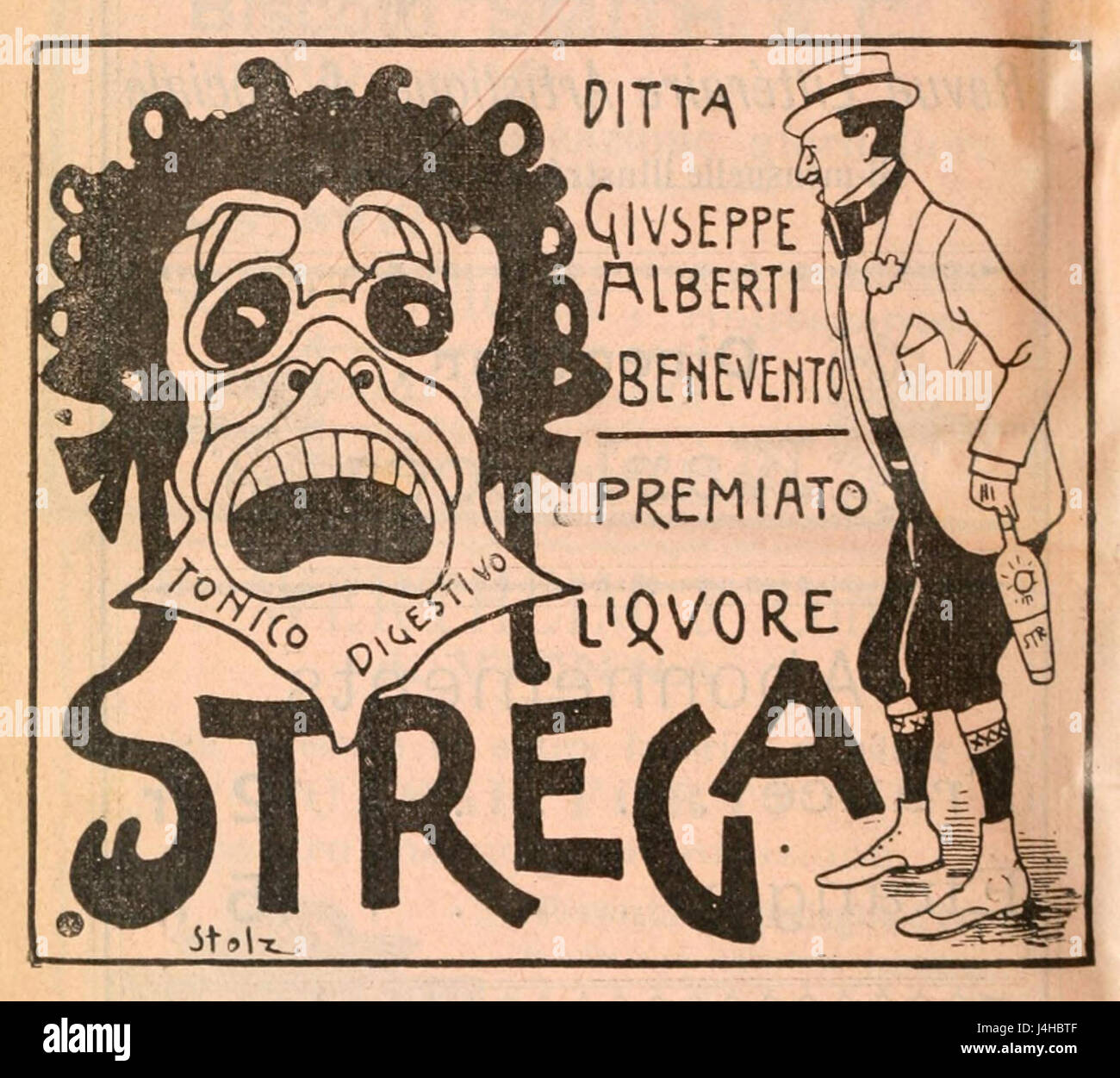 Der Strega-Werbespot aus dem Jahr 1902 bezieht sich wahrscheinlich auf eine frühe Werbung für Strega, einen italienischen Kräuterlikör, der seine Markendarstellung und kulturelle Bedeutung in Italien während des frühen 20. Jahrhunderts zeigt. Stockfoto