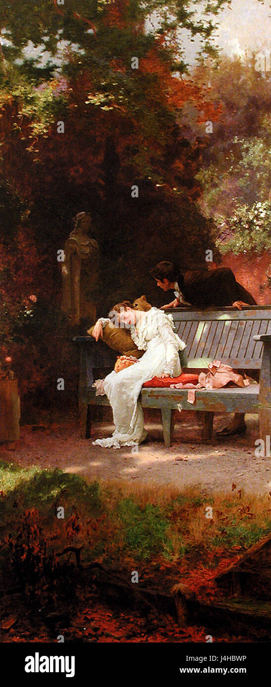 Ein Gemälde von Marcus A. Stone mit dem Titel „Ein gestohlener Kuss“ zeigt eine romantische und intime Szene, in der ein Moment der Zuneigung zwischen zwei Figuren festgehalten wird. Das Werk zeichnet sich durch seine emotionale Tiefe und Liebe zum Detail aus. Stockfoto