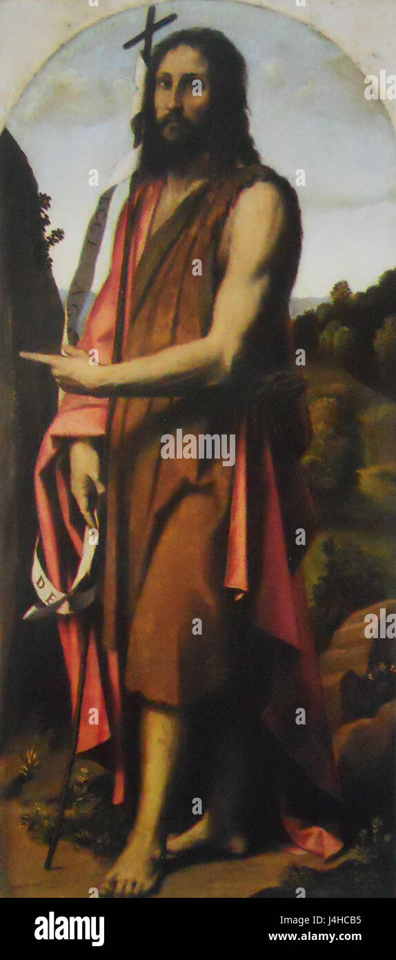 San Giovanni Battista ist ein Gemälde des italienischen Künstlers Moretto da Brescia, das während der Renaissance entstanden ist. Es zeigt den Heiligen Johannes den Täufer in einer klassischen religiösen Komposition. Stockfoto