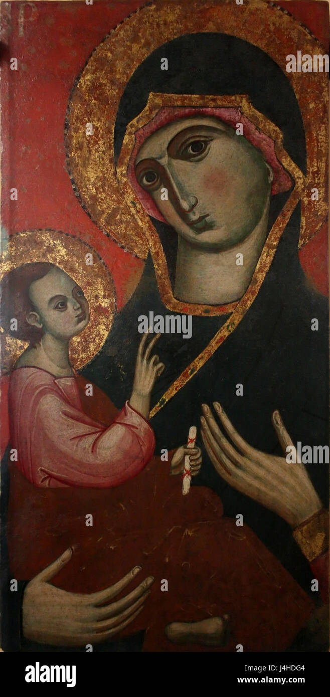 Dieses Kunstwerk, das in der Gallerie dell'Accademia untergebracht ist, zeigt eine Darstellung der Madonna und des Kindes im venezianischen byzantinischen Stil aus dem 14. Jahrhundert, die religiöse Themen illustriert. Stockfoto