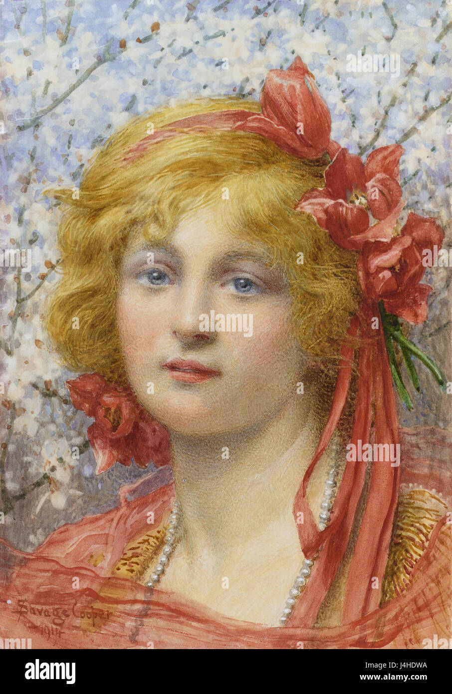 Frühling (Kopf eines Mädchens mit Tulpen im Haar) von William Savage Cooper Stockfoto
