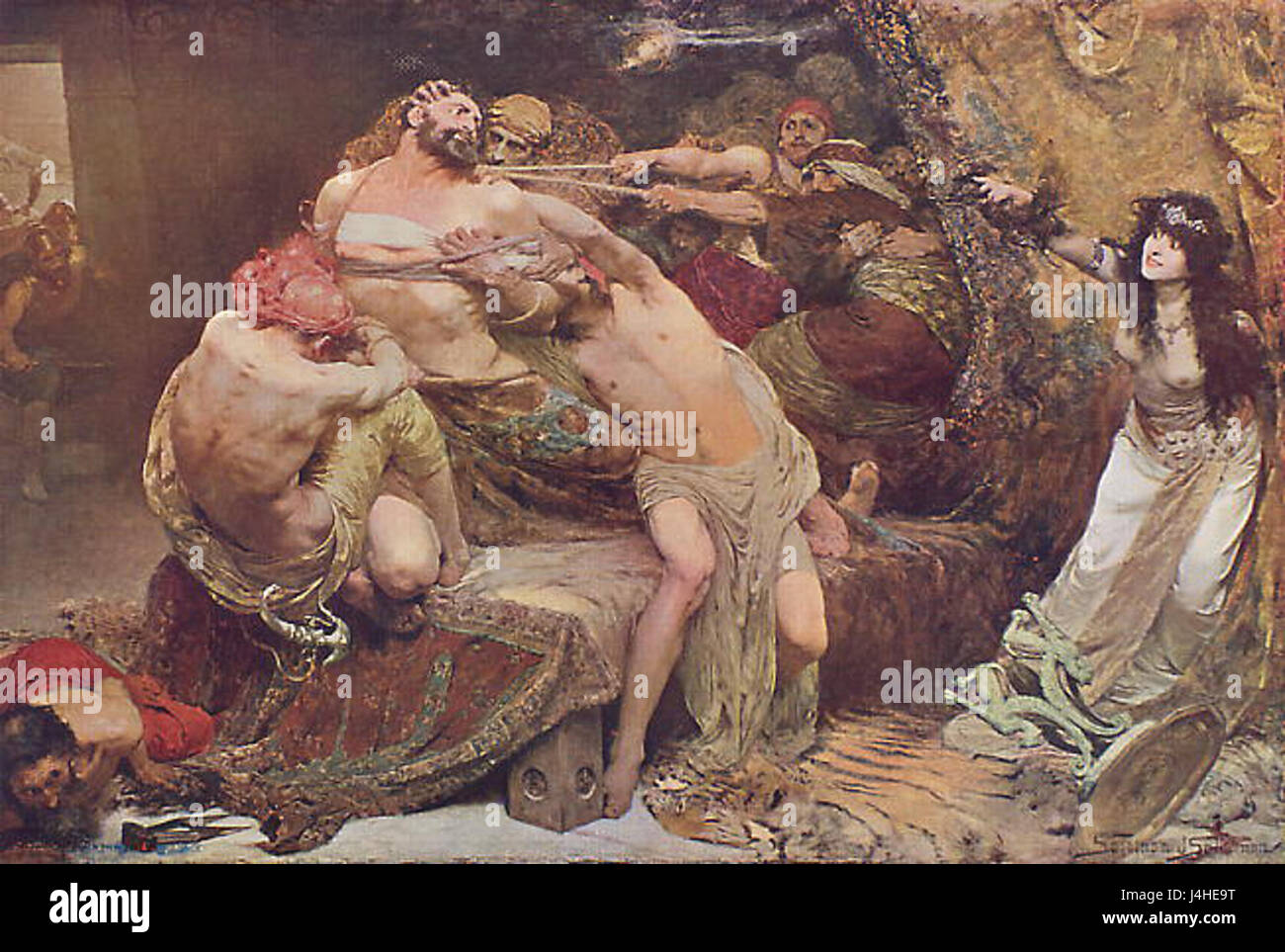 Salomon, Samson und Delilah sind bedeutende biblische Figuren, deren Geschichten oft in religiösen und künstlerischen Kontexten dargestellt werden und sich auf ihre Rollen in der Bibel konzentrieren. Stockfoto