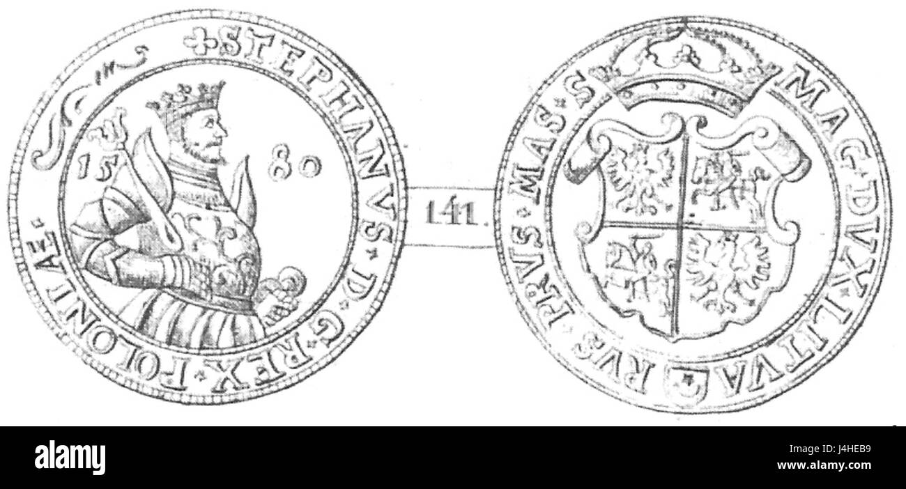 Talar Batory bezieht sich auf eine polnische Münze aus dem 16. Jahrhundert aus dem Jahr 1580. Es trägt das Wappen von Leliwa und ist ein Schlüsselstück für das Verständnis der polnischen numismatischen Geschichte während der Renaissance. Stockfoto