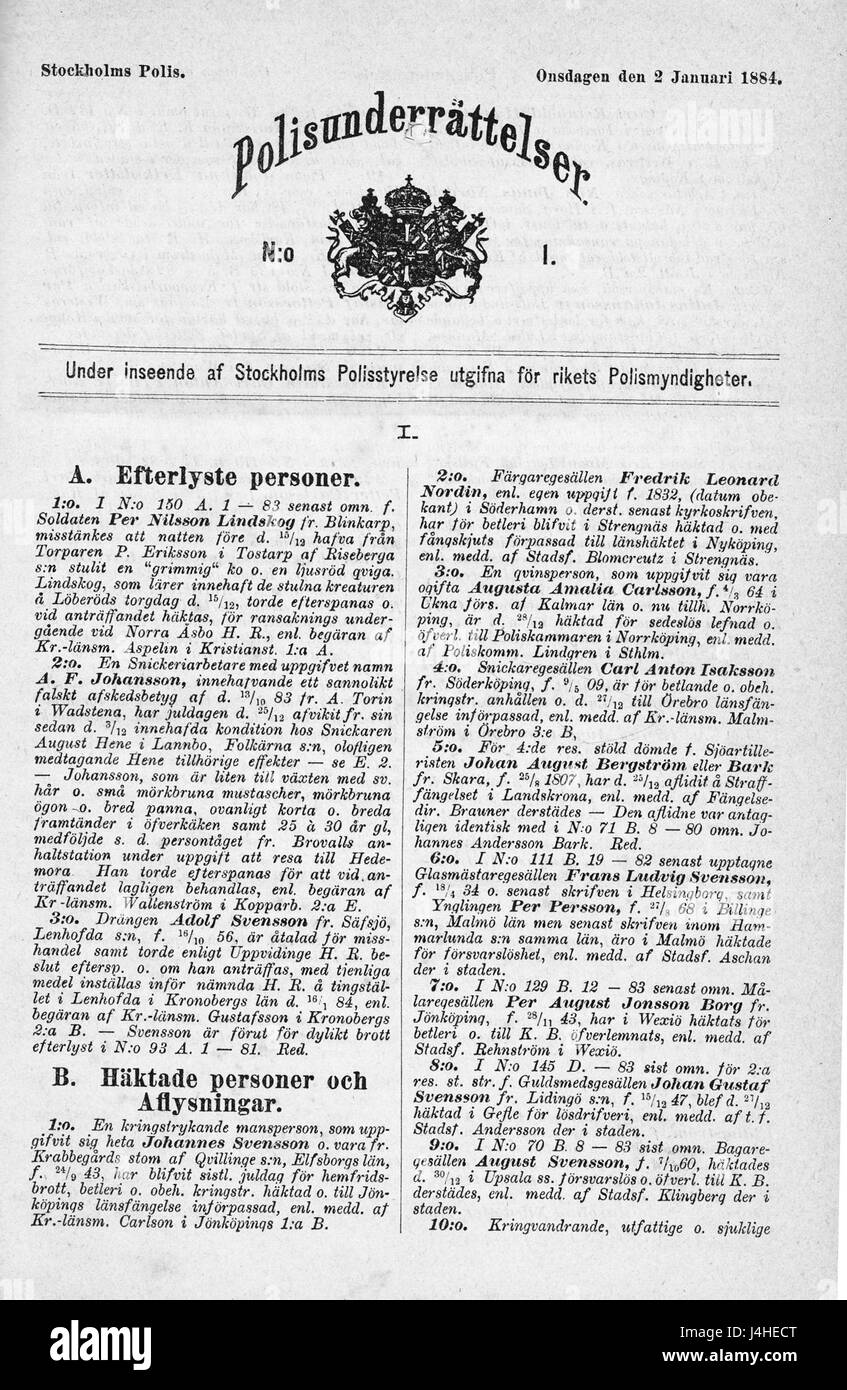 "Polisunderrattelser No. 1 1884" bezieht sich auf eine offizielle Veröffentlichung aus Schweden aus dem Jahr 1884, in der möglicherweise Polizeiberichte oder Rechtsangelegenheiten aus dieser Zeit dokumentiert werden, wobei der Schwerpunkt auf Strafverfolgung und öffentlicher Ordnung liegt. Stockfoto