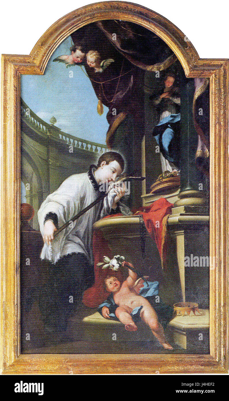 „San Luigi Gonzaga adora il crocifisso“ von Pietro Scalvini zeigt den Heiligen Louis Gonzaga, einen italienischen heiligen aus dem 16. Jahrhundert, in einer hingebungsvollen Szene der Anbetung des Kruzifix. Dieses Werk fängt religiöse Themen der Renaissance-Kunst ein. Stockfoto