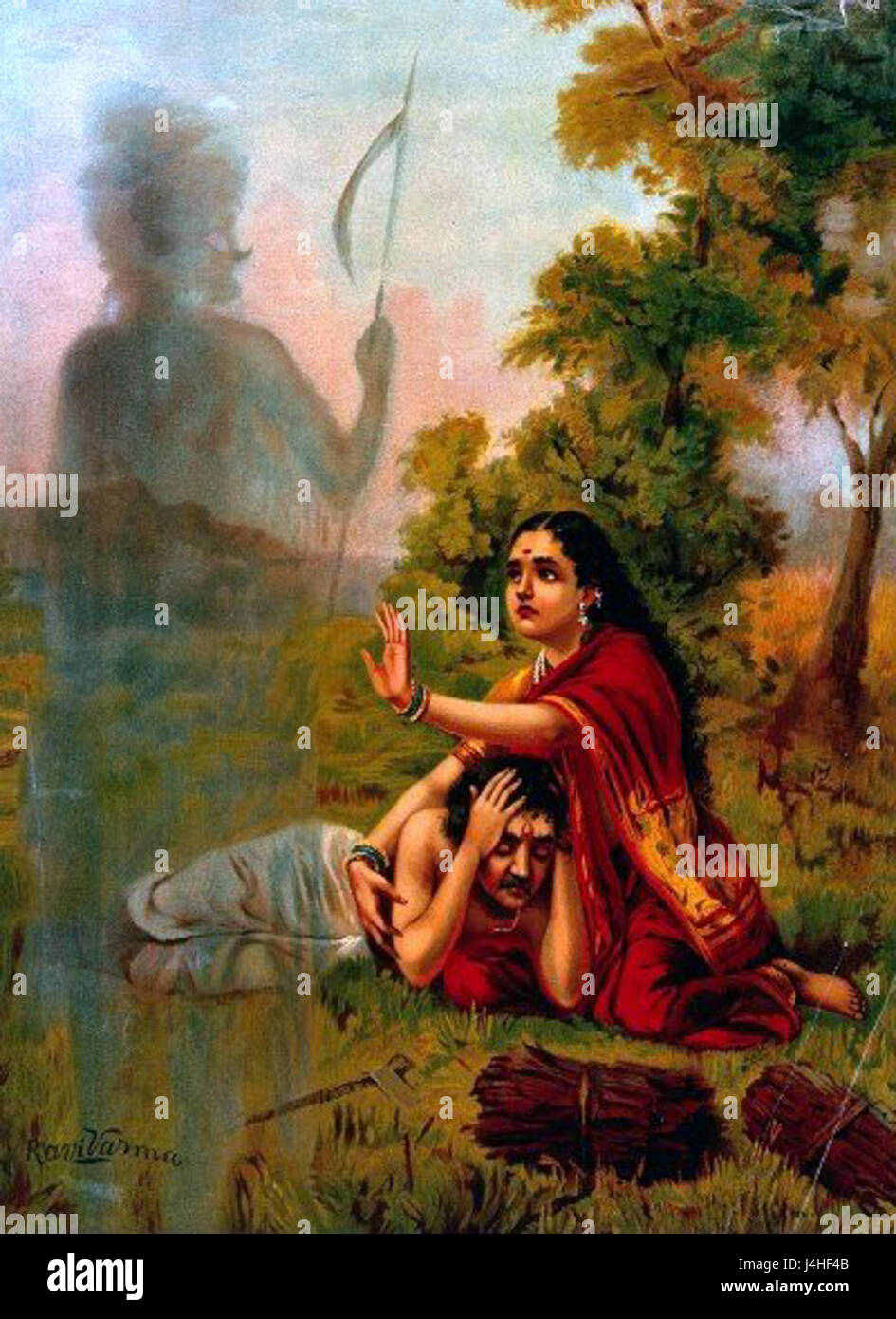 Savitri und Satyavan ist eine berühmte Geschichte aus der hinduistischen Mythologie, die das Leben von Savitri darstellt, die ihren Mann Satyavan durch ihre Hingabe und ihren Mut vor dem Tod rettet. Die Erzählung symbolisiert die Kraft der Liebe, der Wahrheit und des Glaubens angesichts der Widrigkeiten. Stockfoto Savitri und Satyavan ist eine berühmte Geschichte aus der hinduistischen Mythologie, die das Leben von Savitri darstellt, die ihren Mann Satyavan durch ihre Hingabe und ihren Mut vor dem Tod rettet. Die Erzählung symbolisiert die Kraft der Liebe, der Wahrheit und des Glaubens angesichts der Widrigkeiten. Stockfoto