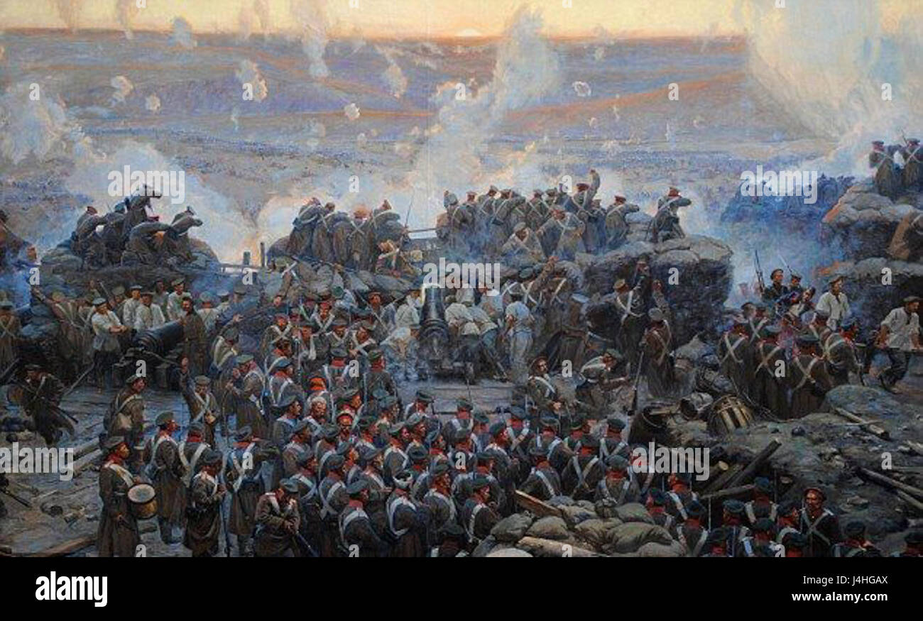 Das Gemälde „Belagerung Sewastopols“ von Franz Aleksejewitsch Roubaud zeigt die brutale Belagerung Sewastopols während des Krimkrieges (1854–1855). Roubaud erfasst die Intensität der Schlacht und die menschlichen Kosten des Konflikts. Stockfoto Das Gemälde „Belagerung Sewastopols“ von Franz Aleksejewitsch Roubaud zeigt die brutale Belagerung Sewastopols während des Krimkrieges (1854–1855). Roubaud erfasst die Intensität der Schlacht und die menschlichen Kosten des Konflikts. Stockfoto