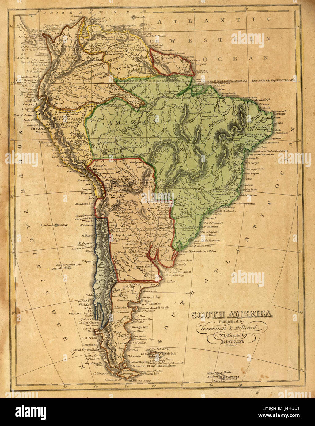 Diese Karte oder Illustration aus dem Jahr 1821 zeigt Südamerika während einer Zeit bedeutender politischer Veränderungen. Sie spiegelt die geografische und politische Landschaft des Kontinents zur Zeit der Unabhängigkeitsbewegungen wider. Stockfoto