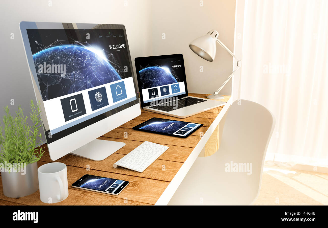 Digitale Geräte über einen hölzernen Tisch mit Erde Landung Seite ansprechende Konzept erzeugt. Alle Bildschirm-Grafiken bestehen. Stockfoto
