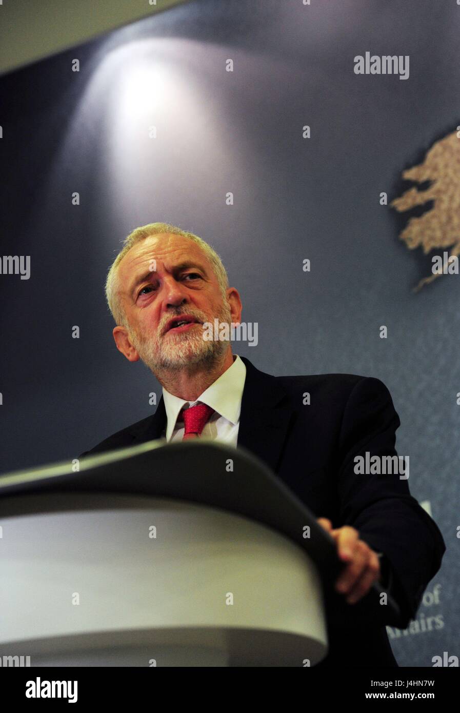 Labour-Chef Jeremy Corbyn sprechen über die nationale Sicherheit und Außenpolitik bei Chatham House in London. Stockfoto