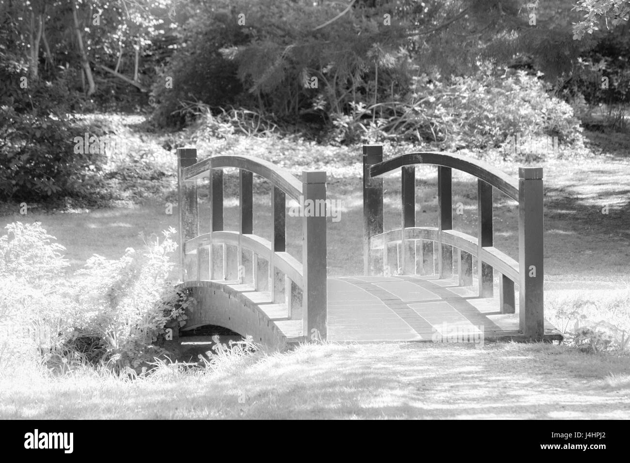 Japanische Brücke in der Upper Gardens, Bournemouth, Dorset im Mai mit Infrarot-Effekt Stockfoto