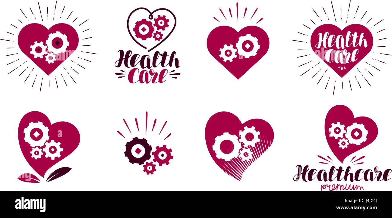 Gesundheit, Gesundheitswesen-Logo. Herz, Getriebe, vitale Energie Symbol oder Symbol. Label-Vektor-illustration Stock Vektor