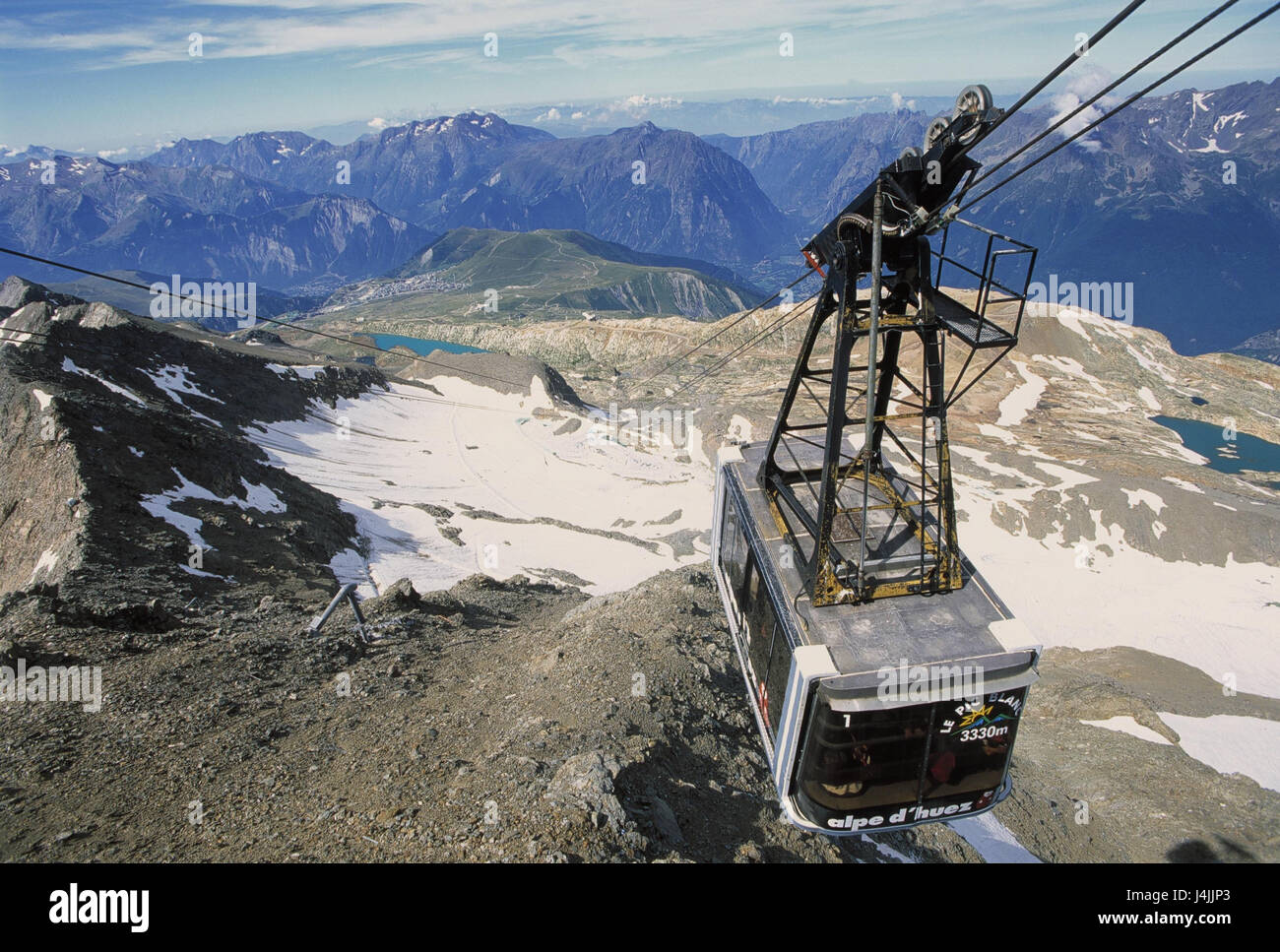 Frankreich, Dauphine, Alpträume d ' Huez, Pic Blanc, Kabel Auto, Bergpanorama Europas, Berglandschaft, Berge, See, Seen, Bergsee, Flugbahn, heben, Transport, Förderung, Transport von Mensch, Natur, Landschaft, im Außenbereich, Stockfoto