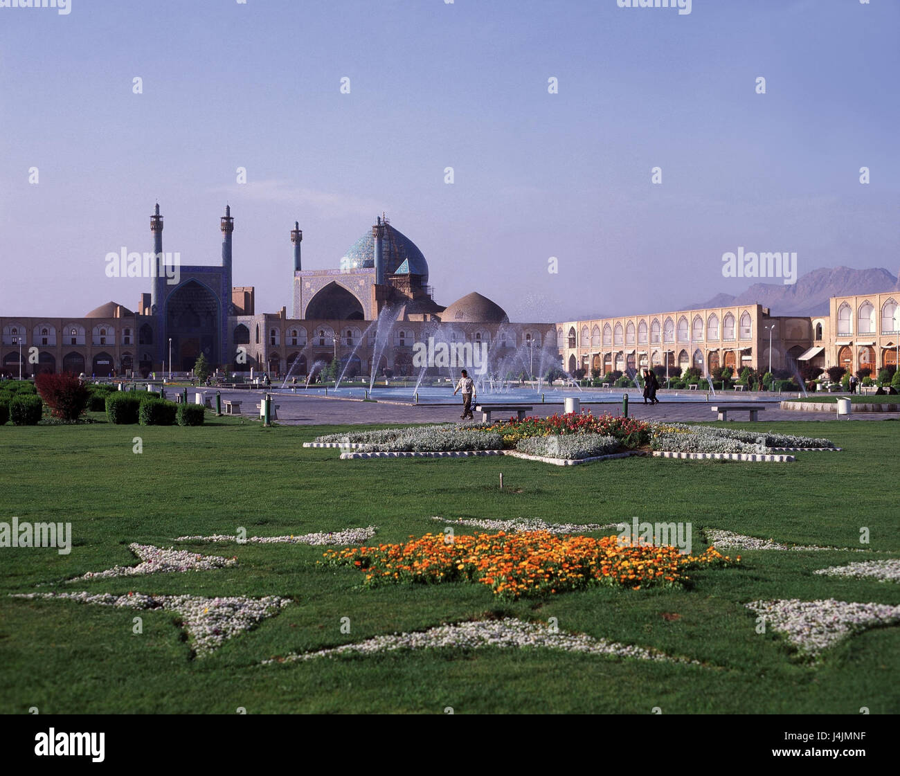Iran, Isfahan, Schlossanlage, Imam der Moschee außerhalb, Imam-Moschee, Moschee, Jami Abbasi, Ort der Anbetung, Kirche, islamische, Park, park, spielen, Wasser, glaube, Religion Stockfoto