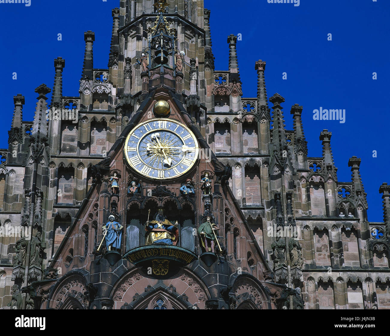 Deutschland, Nürnberg, Frauenkirche, Detail, Glockenturm, im Jahre 1352 - 1358 Europas, Franken, Mittelfranken, außerhalb der Stadt, Kirche, Heilige Bau, Architektur, Struktur, Baustil, Kunst Uhr, 1506 - 1509, Uhrturm, Ort von Interesse, Kunst, Kultur, Straße der Kaiser und Könige Stockfoto