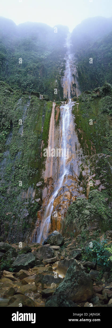 Guadeloupe, Basse-Terre, Carbet Wasserfall Wasserfall Chutes de Carbet, 110 m, Andesitwand, Attraktion, Ort von Interesse, Rock, Natur Stockfoto