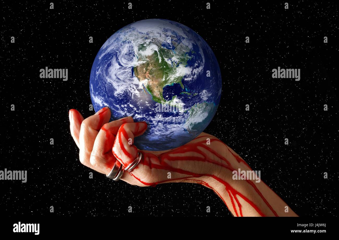 Blutende Hand mit Erde, Abbildung. Stockfoto