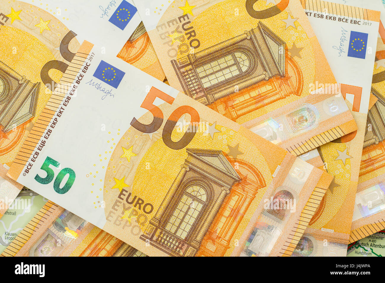 viele 50 Euro-Banknoten-Hintergrund Stockfoto
