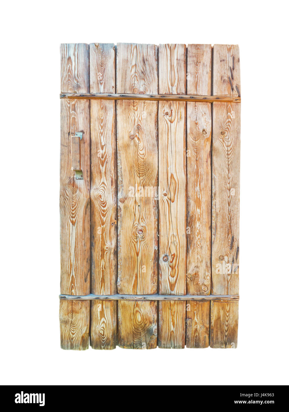 Strukturierte Holzbohlen Tür mit Rissen und Löchern, die isoliert auf weiss Stockfoto