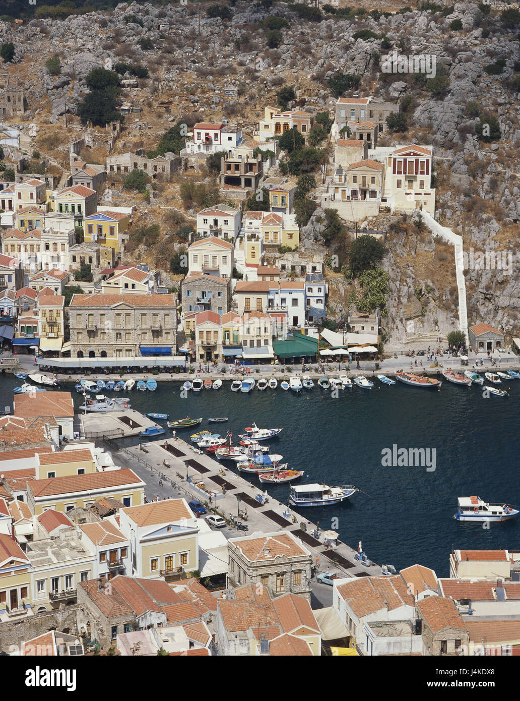 Griechenland, Insel Simi, Simi Stadt, Ansicht, Hafen des Dodekanes, Insel, Syme, die Ägäis, Ägäischen Meer, Stadt, südliche Sporaden, Inselgruppe, Blick auf die Stadt, Häuser, Wohnhäuser, Fischerhafen, Fischerboote, Boote, draußen Stockfoto