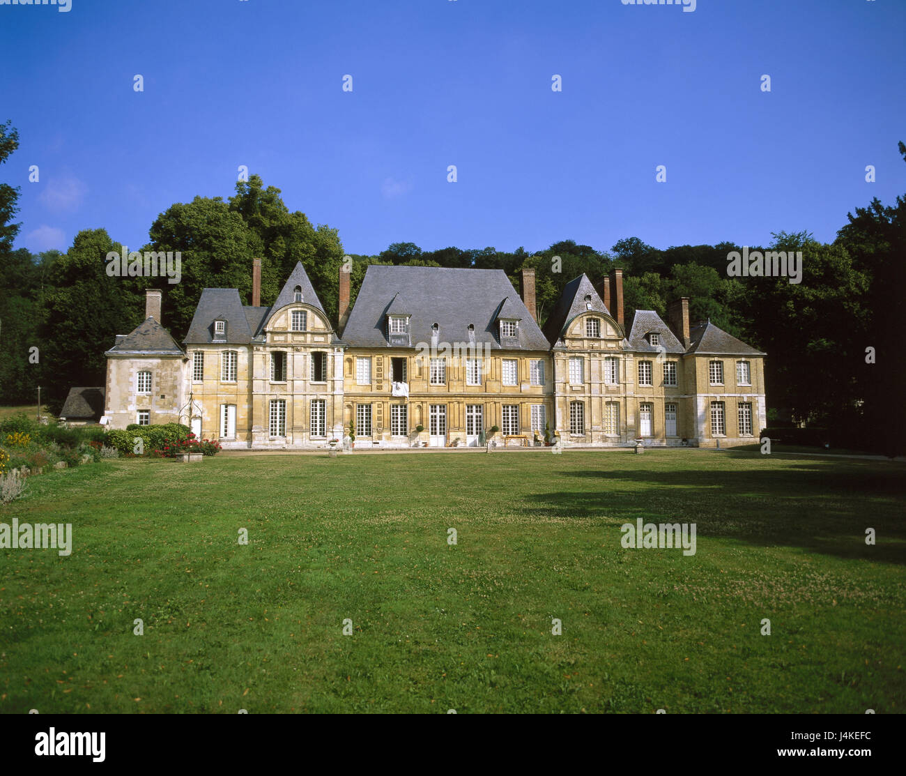 Frankreich, Normandie, in der Nähe Duclair, Château du Taillis, Park, Sommer Europa, Schloss, Palast, Gebäude, Struktur, Baustil, Architektur, Kultur, Ort von Interesse, Park, Schloss-Garten, Wiese Stockfoto