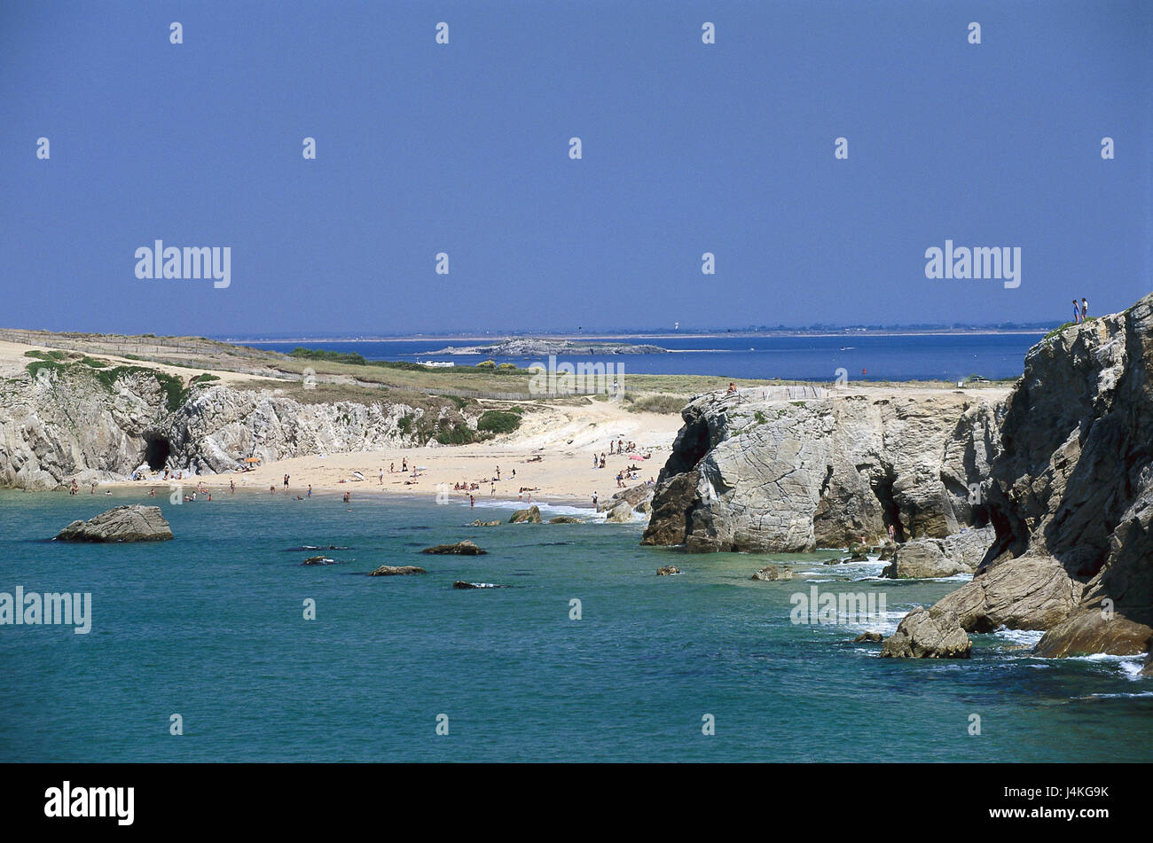 Frankreich Bretagne Halbinsel Quiberon Galle Kuste Bucht Sandigen Strand Badegaste Europa La France Republique Francaise Atlantikkuste Galle Kuste Wilde Kuste Cote Sau Vage Strand Atlantik Meer Atlantik Felsen Bad Bucht Reiseziel Urlaub