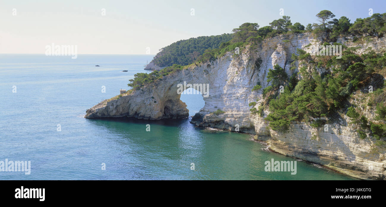 Italien, Apulien, Gargano, Baia Tu San Felice, Küste, Galle zu beugen, Europa, Süditalien, enge Vieste, Galle Küste, Bucht, Meer, Mittelmeer, Adria, Natur, Fels, Bogen Stockfoto