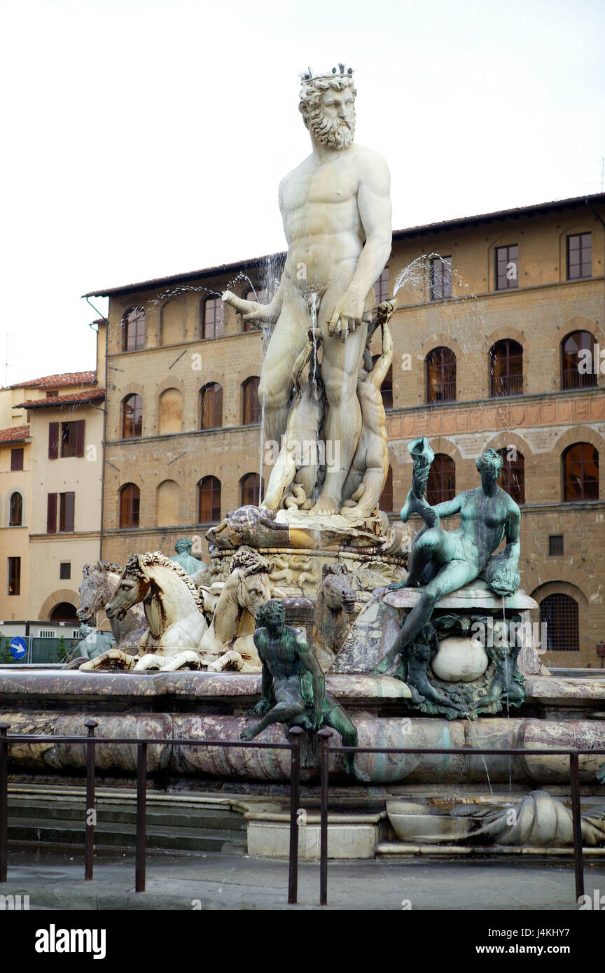 Italien, Toskana, Florenz, Piazza della Signora, Neptun Brunnen, Firenze, Stadt Europas, Fonte del Nettuno, 1575, Nymphen, auch Skulptur, Neptuns Charakter, Skulpturen, Statuen, Skulptur, Neptun Brunnen, Meer Gott, Wasserfontänen, Akt, Kunst, Sehenswürdigkeiten, Tourismus Stockfoto