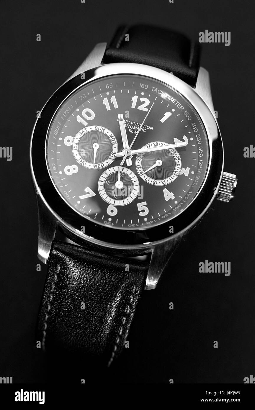 Armbanduhr Objektfotografie, Stillleben, des Herrn Uhr, Chronograph, edel, schwarz, Zifferblatt, Zeiger, Zeit, Zeitmessung, mal Messer, Zeitanzeige, Pünktlichkeit, auf Zeit, unpünktlich, Unpünktlichkeit, Genauigkeit, Tintenfisch Stockfoto