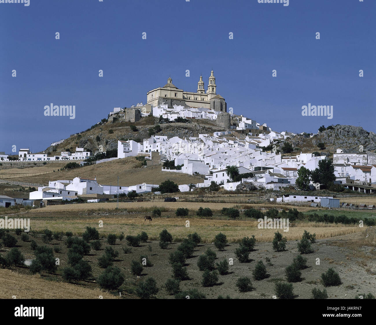 Spanien, Andalusien, Provinz Cadiz, Olvera, Blick auf die Stadt, Kirche außerhalb, Stadt, Ansicht, Häuser, Wohnhäuser, Hügel, Nuestra Señora De La Encarnación, Burg, Burgruine, Maurisch, Ort von Interesse Stockfoto