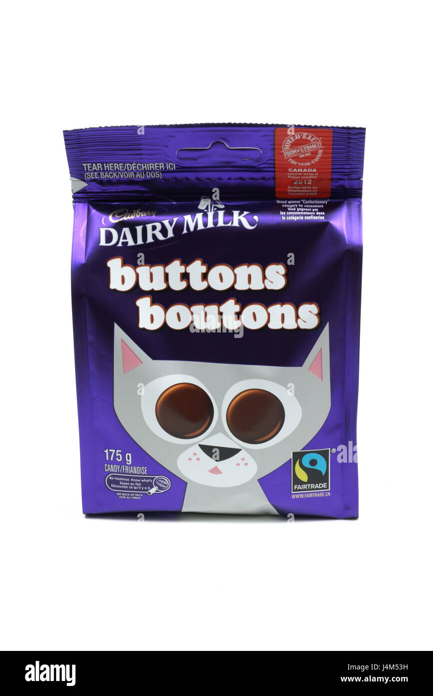 Cadbury Buttons Scheibe Form Pralinen in Englisch und Französisch Verpackung für den kanadischen Markt. Stockfoto