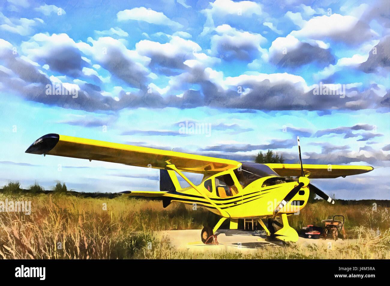 Bunte Gemälde von Leichtflugzeugen Flugzeuge geparkt an einem Rasen-Flugplatz Stockfoto