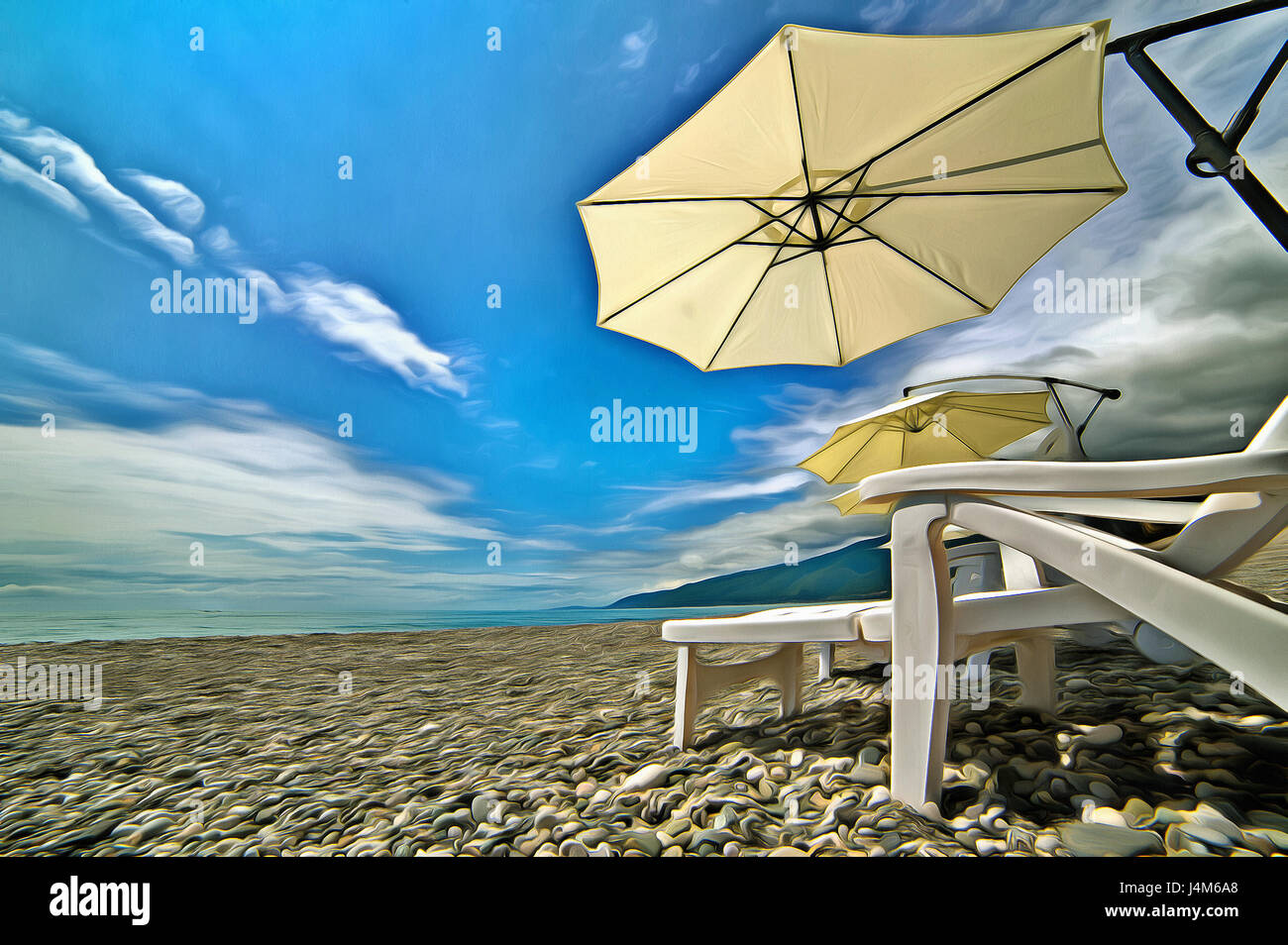 Sonnenschirme und Liegestühle am Strand bunte Gemälde Landschaft Stockfoto