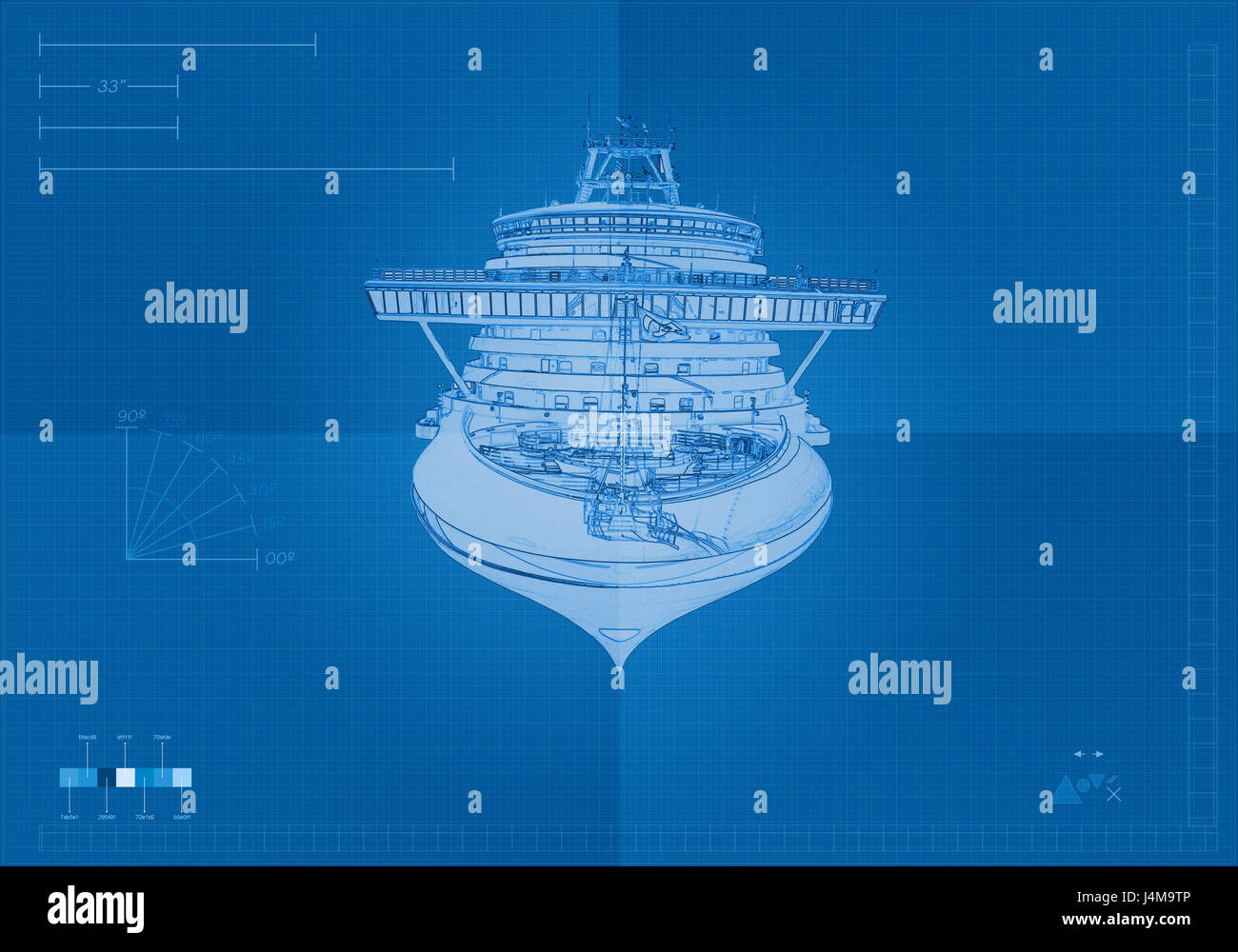 Vorderansicht Kreuzfahrt Schiff Bauplan Stockfoto