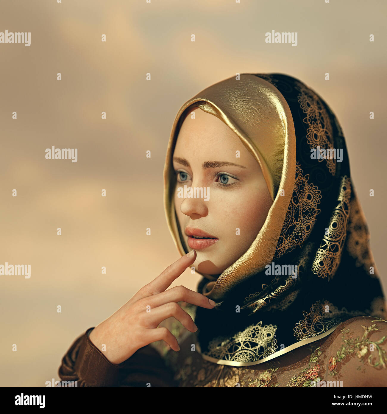 Nachdenkliche Frau tragen verzierten hijab Stockfoto