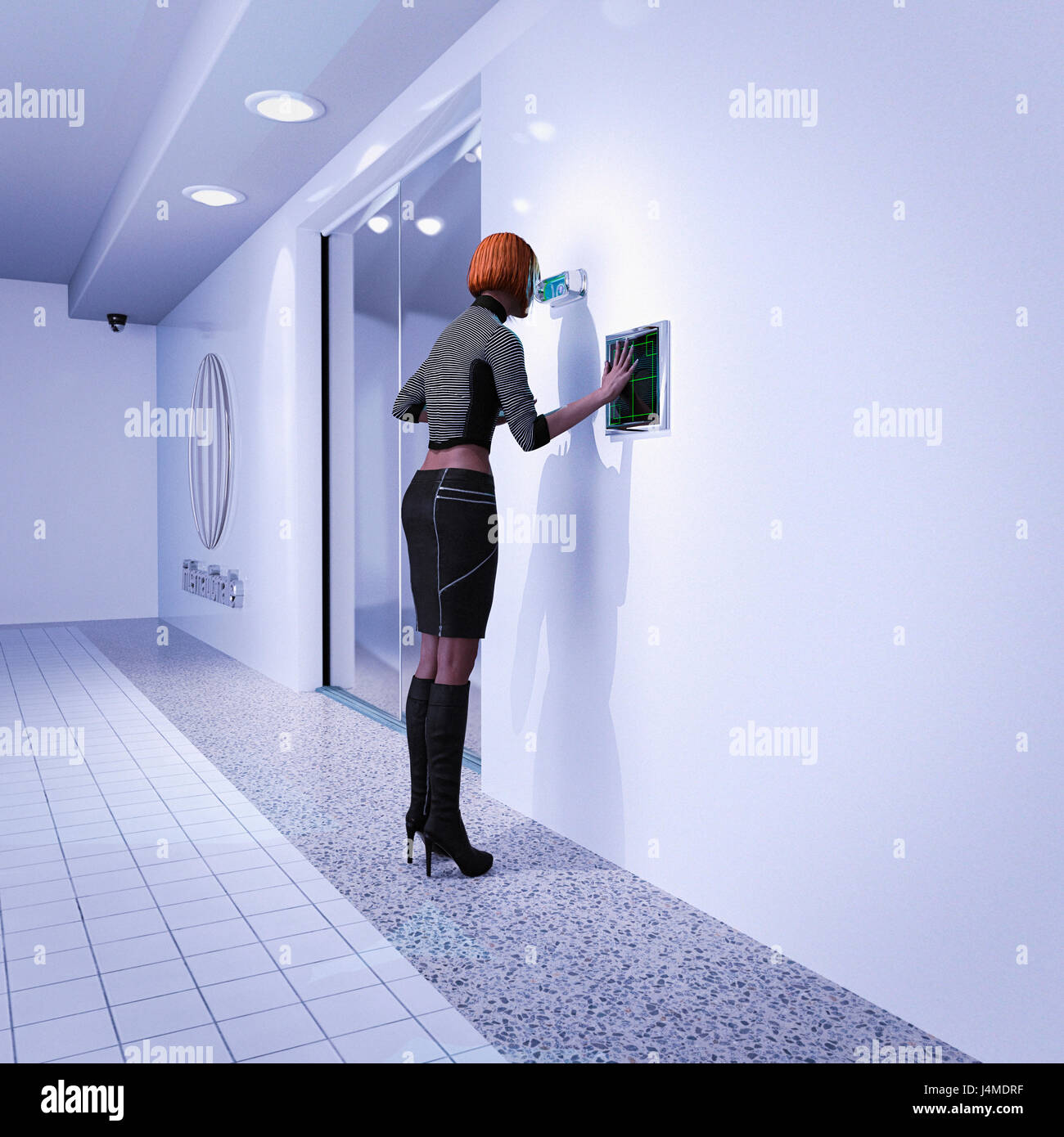 Frau mit biometrischen Scannern in futuristischen Korridor Stockfoto