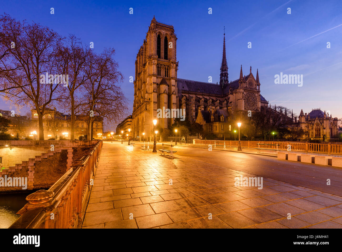 Kathedrale Notre Dame de Paris im Morgengrauen mit dem Pont au Double. Ile De La Cite. 4. Arrondissement, Paris, Frankreich Stockfoto
