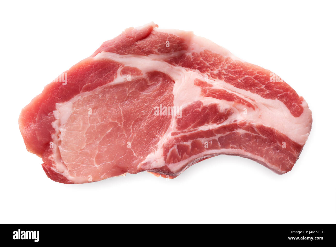 Speisen und Getränke: frisches rohes Schweinefleisch, Schnitzel auf eine Rippe, isoliert auf weißem Hintergrund Stockfoto